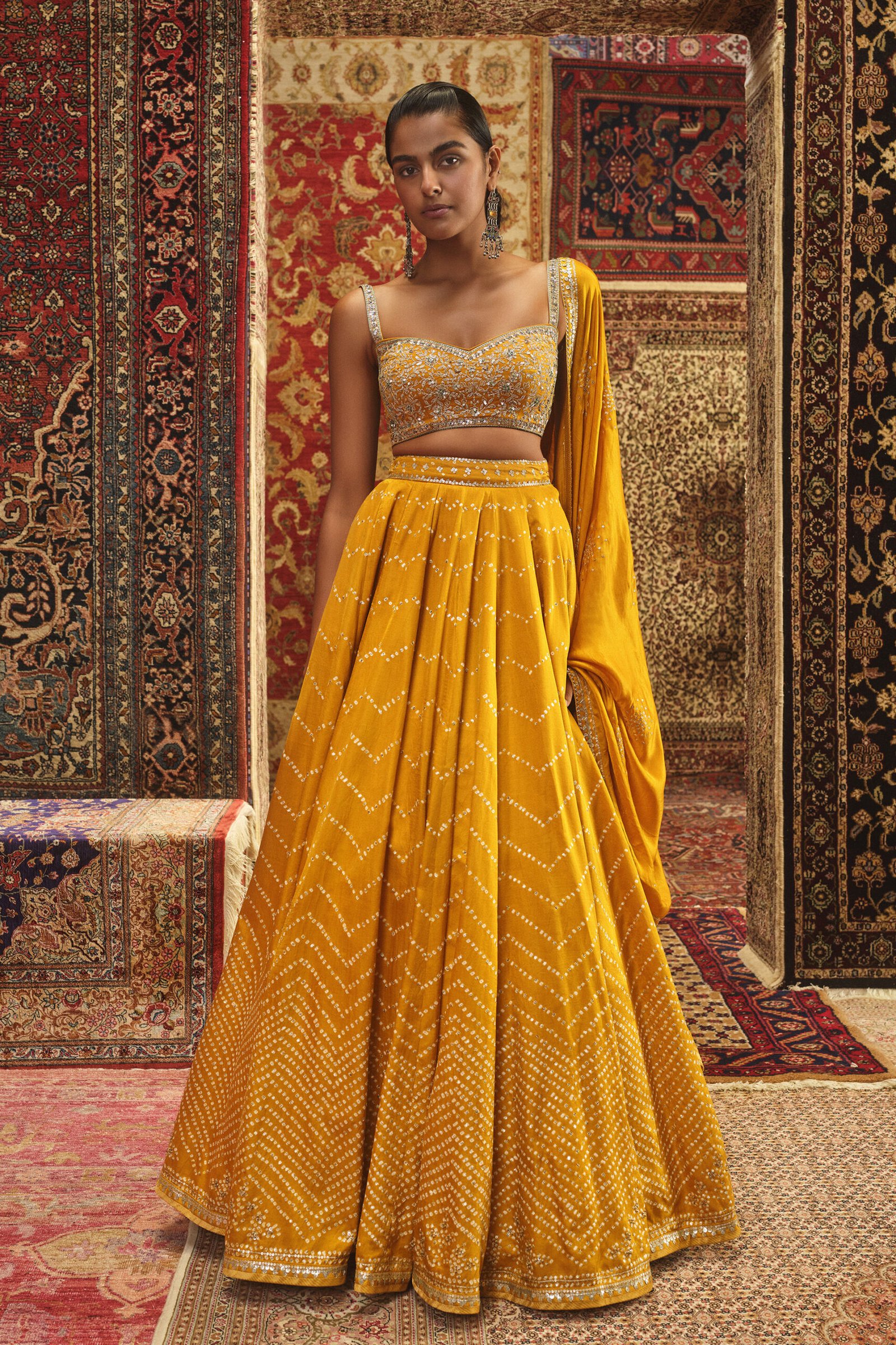 Nirajita Handcrafted Bandhani Silk Lehenga Set – Yellow by Anita Dongre, South Asian ethnic wear