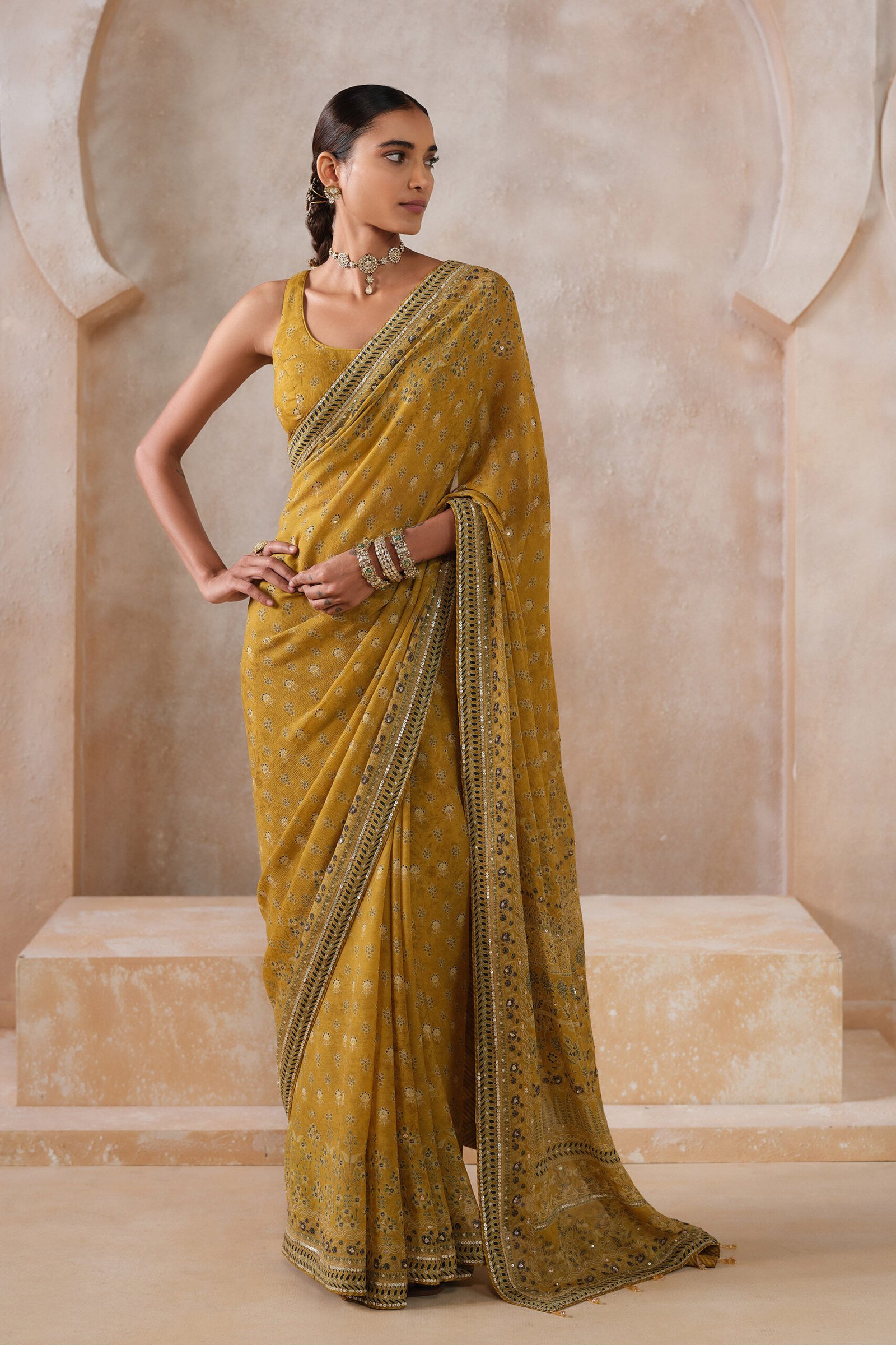 Alenka Chiffon Saree – Yellow by Anita Dongre, South Asian ethnic wear