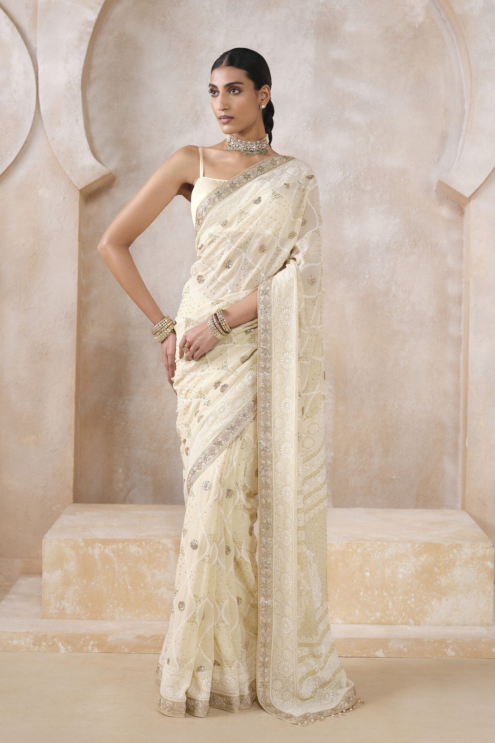 Sharika Hand-Embroidered Chikankari Silk Saree – Beige by Anita Dongre, South Asian ethnic wear