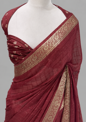 Georgette Sequin Checks Saree With Broad Zari Floral Border by Varam Fashion House, South Asian ethnic wear