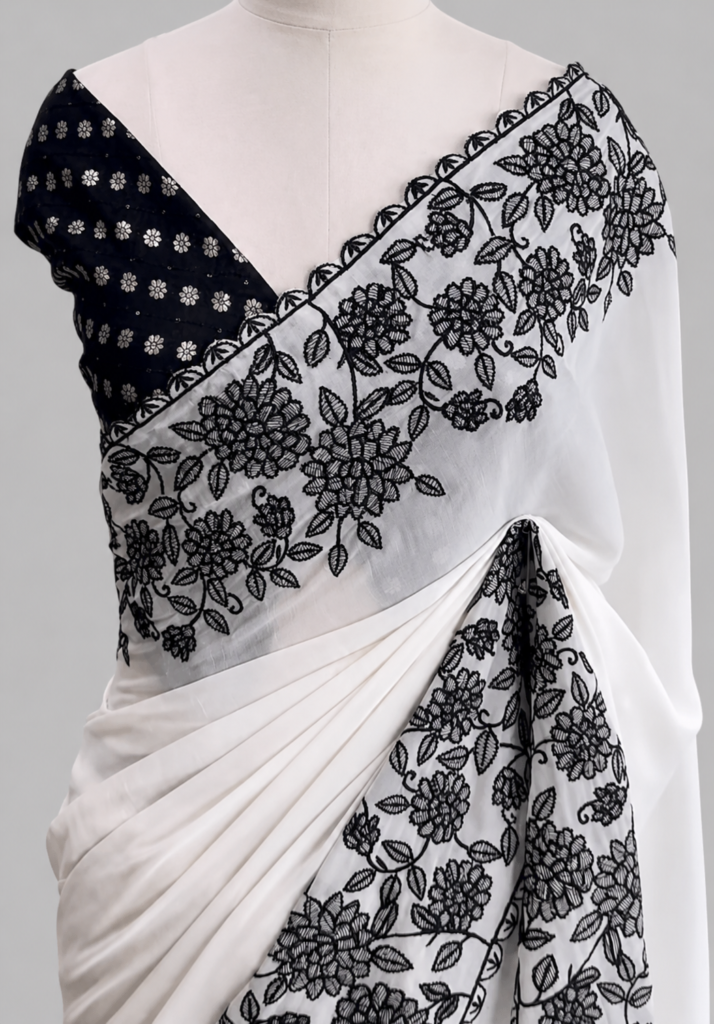 Premium Georgette Saree With Dense Floral Thread Embroidery by Varam Fashion House, South Asian ethnic wear