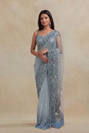 Ice Blue Net Sequins Saree
