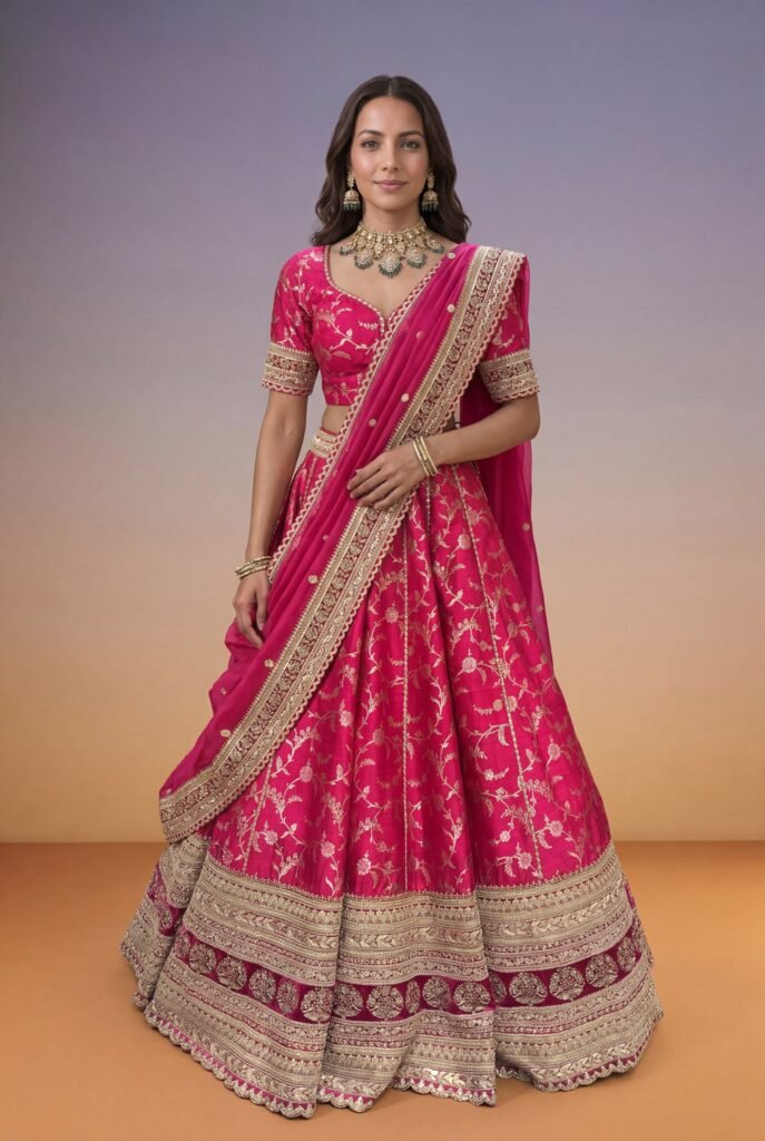 Pink Banarasi Raw Silk Lehenga by Mokshaa, South Asian ethnic wear