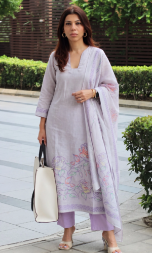 Soft Lavender Linen Blend Printed Kurta, Dupatta & Cotton Pants by Baareeki, South Asian ethnic wear