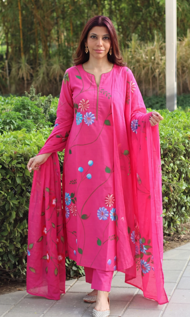 Cotton Magenta & Blue Handbrush Painted Kurta , Dupatta & Pants by Baareeki, South Asian ethnic wear