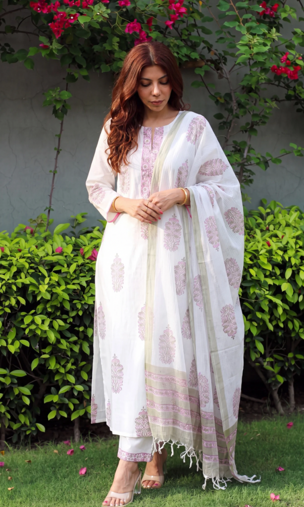 Suhaani Mughal Pearl Cotton Kurta , Pant & Kota Doria Handblock Print Dupatta by Baareeki, South Asian ethnic wear