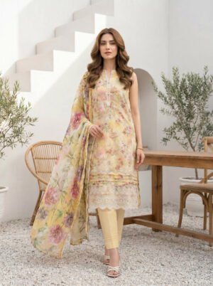 3 Piece Unstitched Printed Embroidered With Printed Chiffon Dupatta