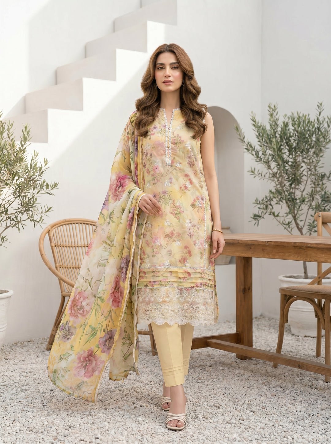 3 Piece Unstitched Printed Embroidered With Printed Chiffon Dupatta