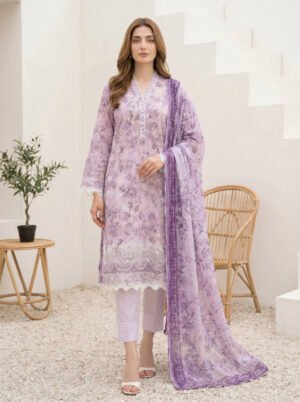 3 Piece Unstitched Printed Embroidered With Printed Chiffon Dupatta
