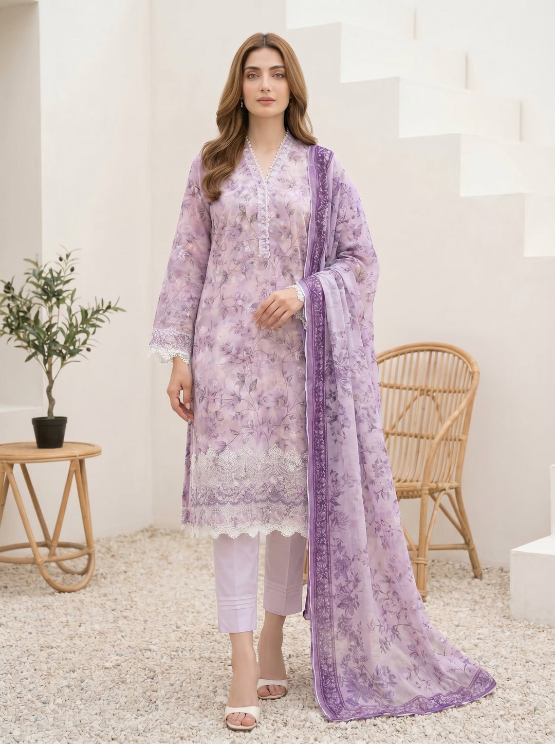 3 Piece Unstitched Printed Embroidered With Printed Chiffon Dupatta
