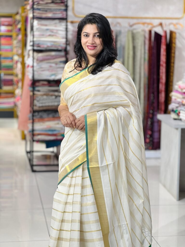 Line Woven Pattern Kerala  Cotton Saree |gat603 by Aham, South Asian ethnic wear