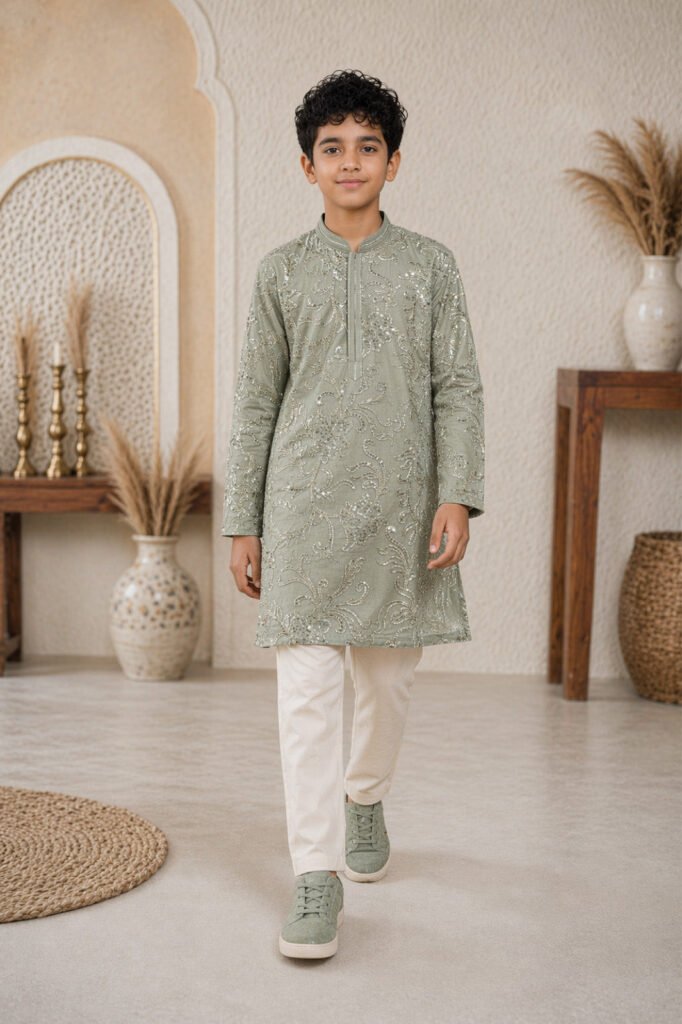 Sage Green Sequin & Thread Floral Embroidered Kurta & Pyjama Set For Boys by Mokshaa, South Asian ethnic wear