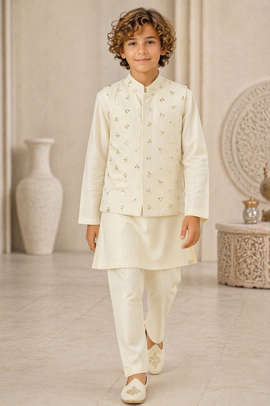 Cream Mirror Work Scattered Buti Bandi Kurta & Pyjama Set For Boys