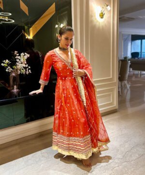Saina Nehwal In Handloom Rust Orange Angrakha Set by WeaverStory, South Asian ethnic wear