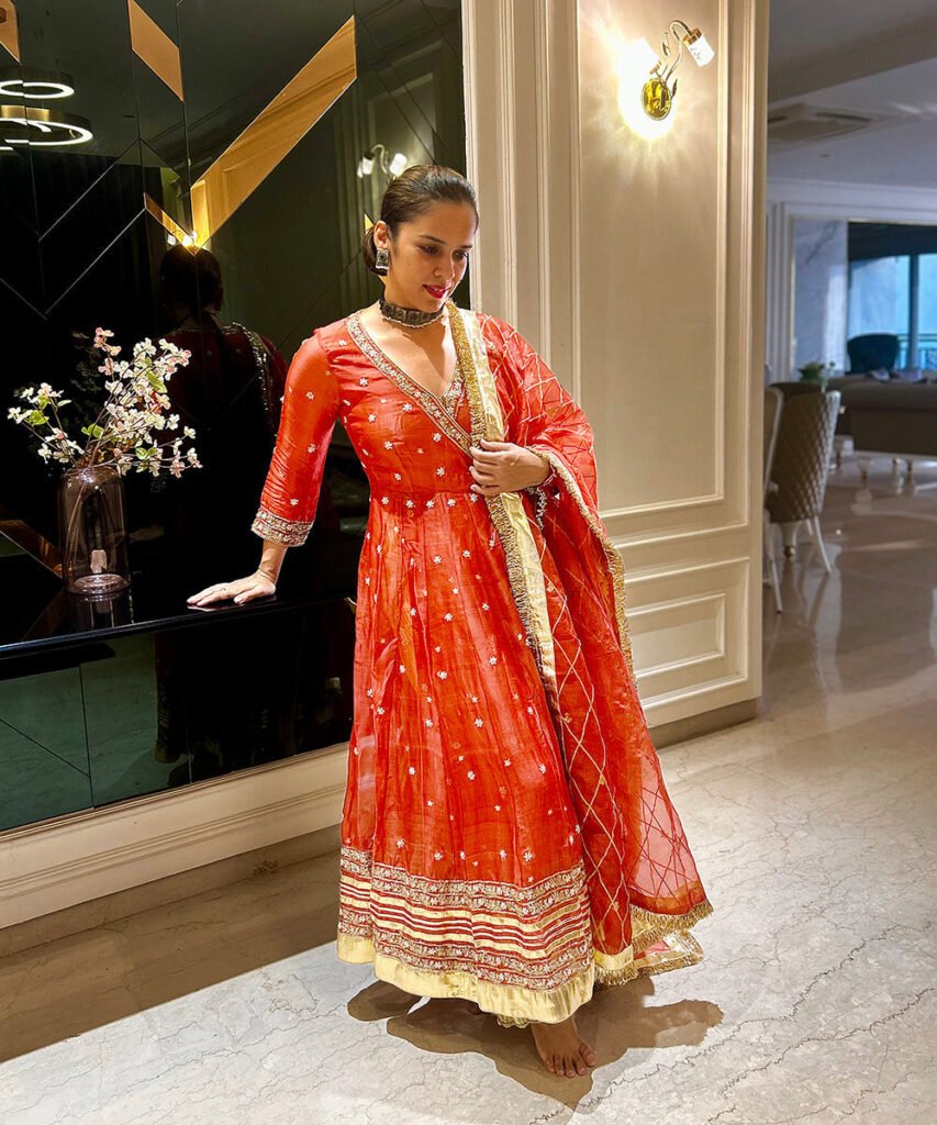 Saina Nehwal In Handloom Rust Orange Angrakha Set by WeaverStory, South Asian ethnic wear