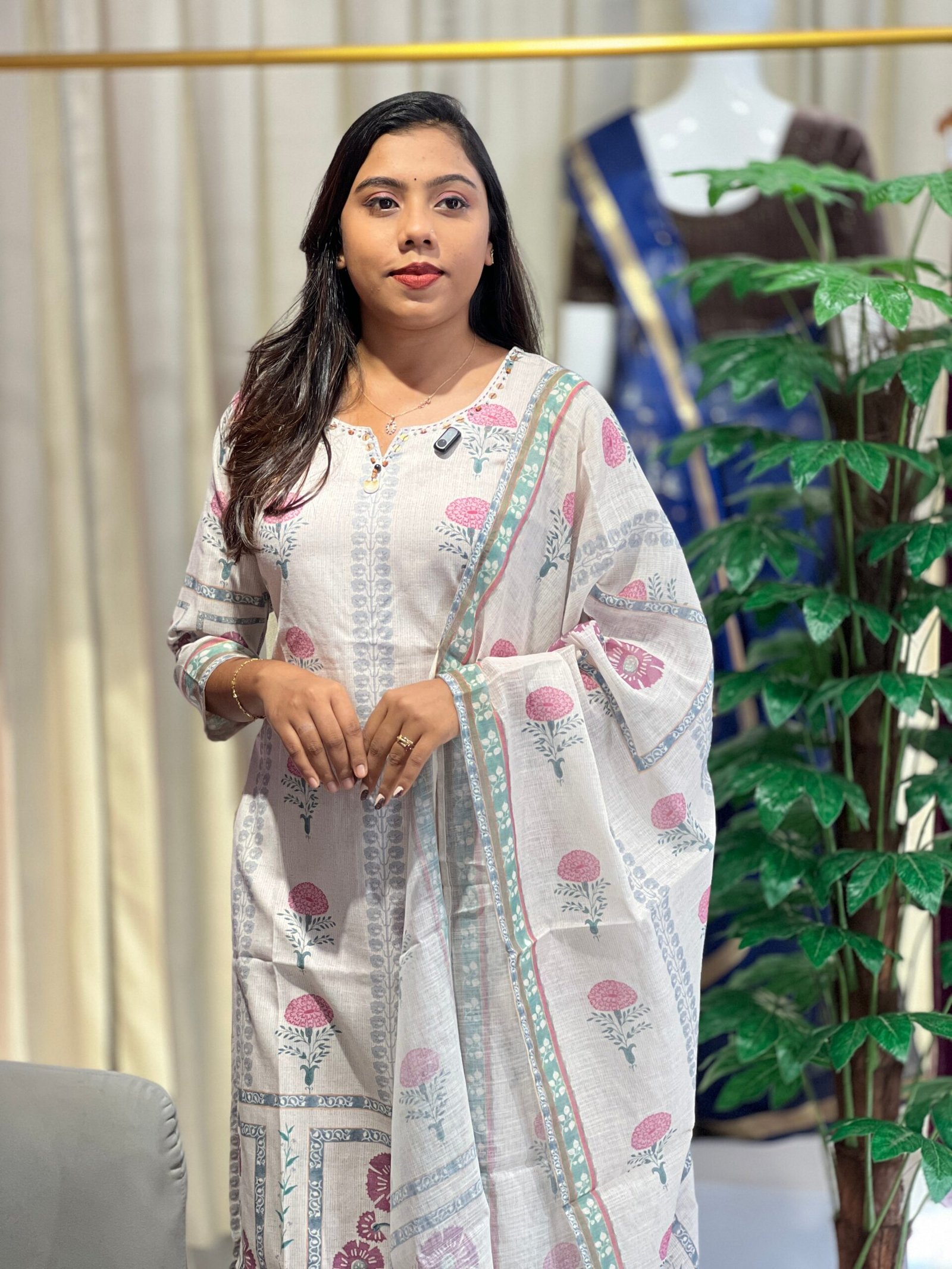Floral Printed Pattern Linen Cotton Kurta Set | Omf199 by Aham, South Asian ethnic wear