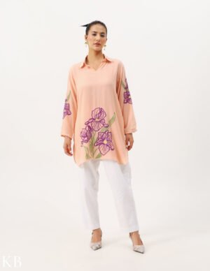 Orris Hand Aari Long Creamy Peach Rayon Shirt by Kashmir Box, South Asian ethnic wear
