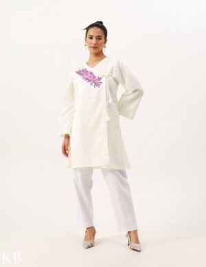 Kesari Hand Aari Off-White Cotton Angrakha by Kashmir Box, South Asian ethnic wear