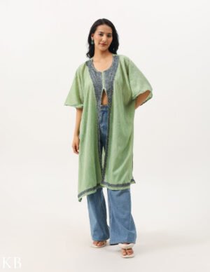 Pristine Green Zari Embellished Summer Cotton Kaftan by Kashmir Box, South Asian ethnic wear