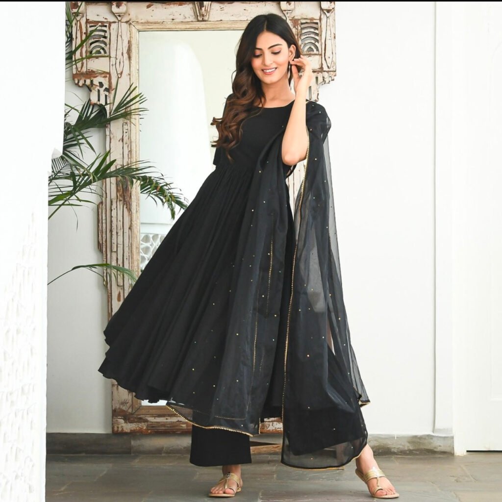 Black Sequin Cotton Suit Set by Bunaai, South Asian ethnic wear
