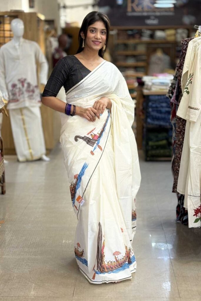 Kerala Saree With Vallamkalli Print by byhand, South Asian ethnic wear