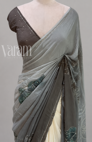 Pure Chinon Saree With Large Digital Rose And Cut Dana Outlining On Florals And Border by Varam Fashion House, South Asian ethnic wear
