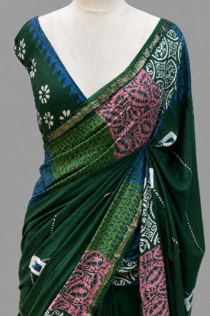 Chanderi Cotton Silk Saree With Block Print Medallions & Chevron Border by Varam Fashion House, South Asian ethnic wear