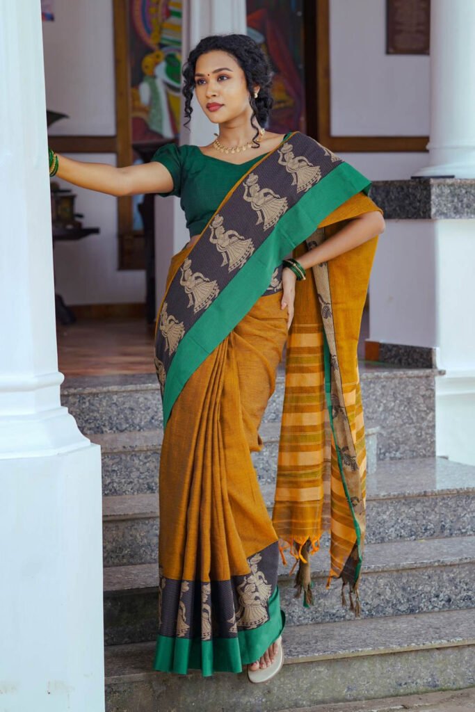 Mustardyellow Narayanpet Saree by byhand, South Asian ethnic wear