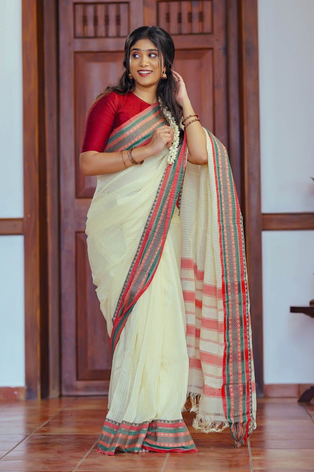 Ivory Narayanpet Stripped Saree by byhand, South Asian ethnic wear
