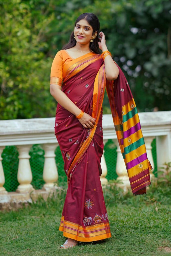 Maroon Narayanpet Saree by byhand, South Asian ethnic wear