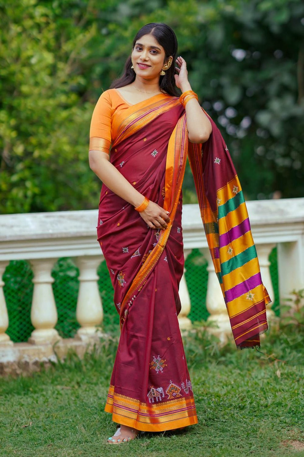 Maroon Narayanpet Saree by byhand, South Asian ethnic wear