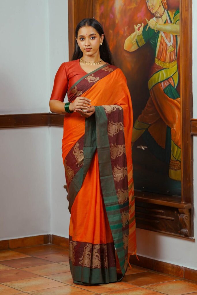 Duel Shade Orange Narayanpet Saree by byhand, South Asian ethnic wear