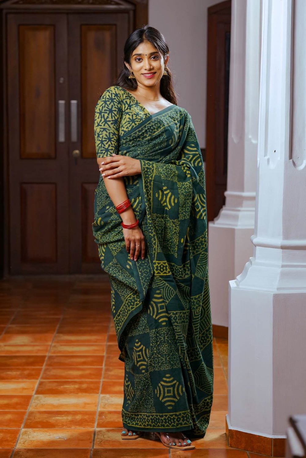 Green Base Box Print Saree by byhand, South Asian ethnic wear