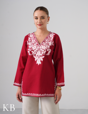 Blush Maroon Kashmiri Aari Embroidered Ruby Cotton Top For Women by Kashmir Box, South Asian ethnic wear
