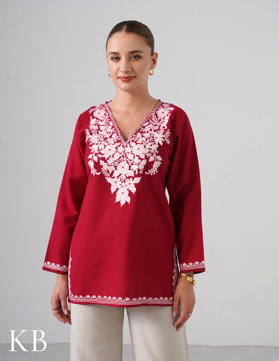 Blush Maroon Kashmiri Aari Embroidered Ruby Cotton Top For Women by Kashmir Box, South Asian ethnic wear