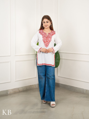 Crimson Embroidered White Cotton Top by Kashmir Box, South Asian ethnic wear