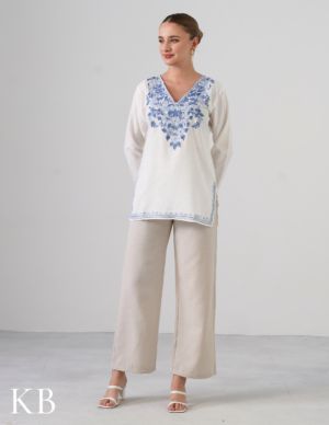 White Kashmiri Aari Embroidered Short Cotton Kurti For Women | Blue & Grey Ethnic Wear