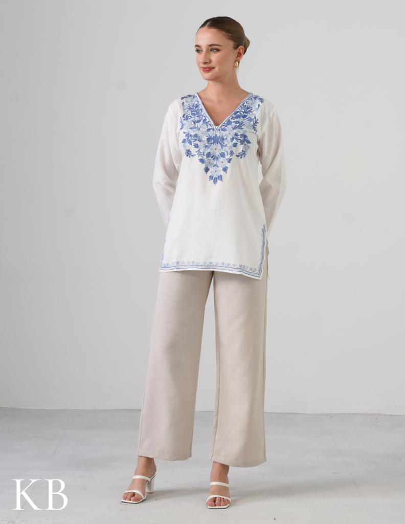 White Kashmiri Aari Embroidered Short Cotton Kurti For Women | Blue & Grey Ethnic Wear by Kashmir Box, South Asian ethnic wear