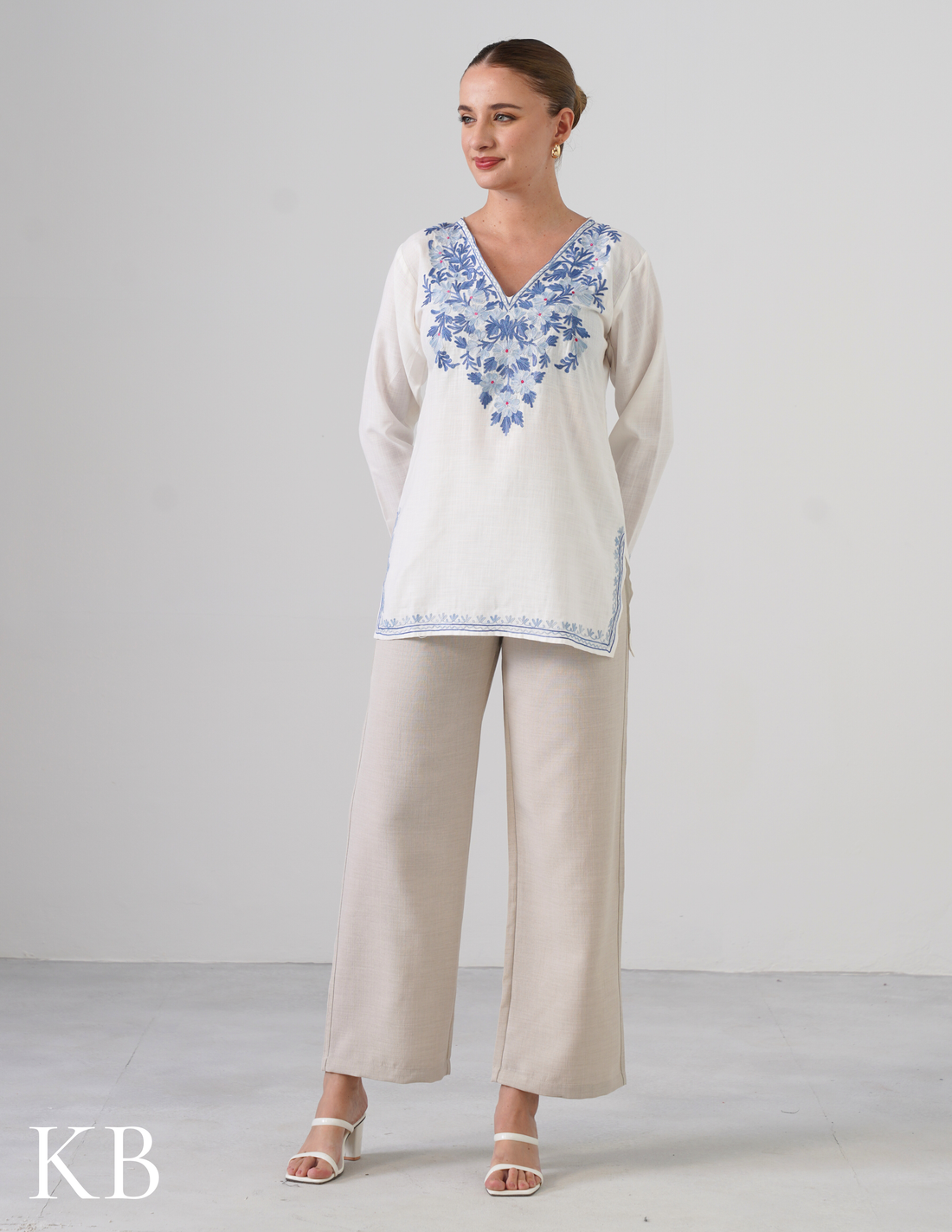 White Kashmiri Aari Embroidered Short Cotton Kurti For Women | Blue & Grey Ethnic Wear