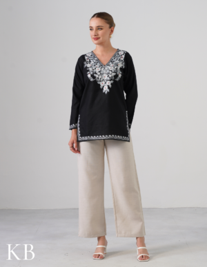Black Kashmiri Aari Embroidered Short Cotton Kurti For Women