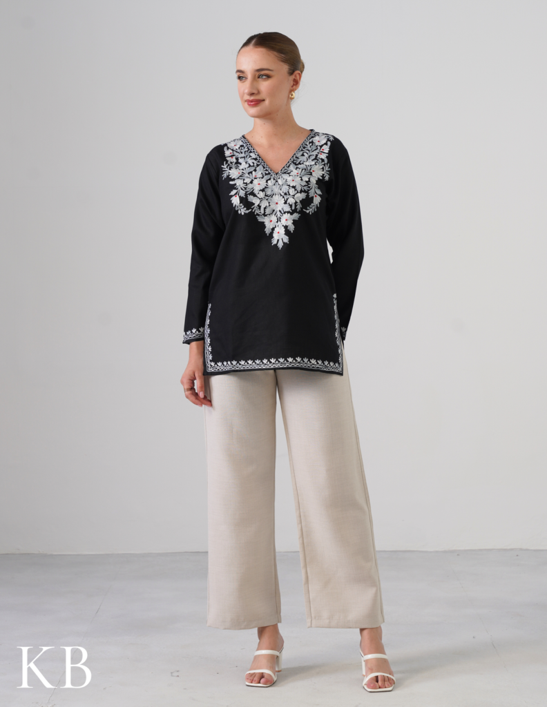 Black Kashmiri Aari Embroidered Short Cotton Kurti For Women by Kashmir Box, South Asian ethnic wear