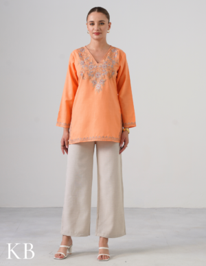 Peach Embroidered Short Kurti For Women – Cotton Aari Work by Kashmir Box, South Asian ethnic wear