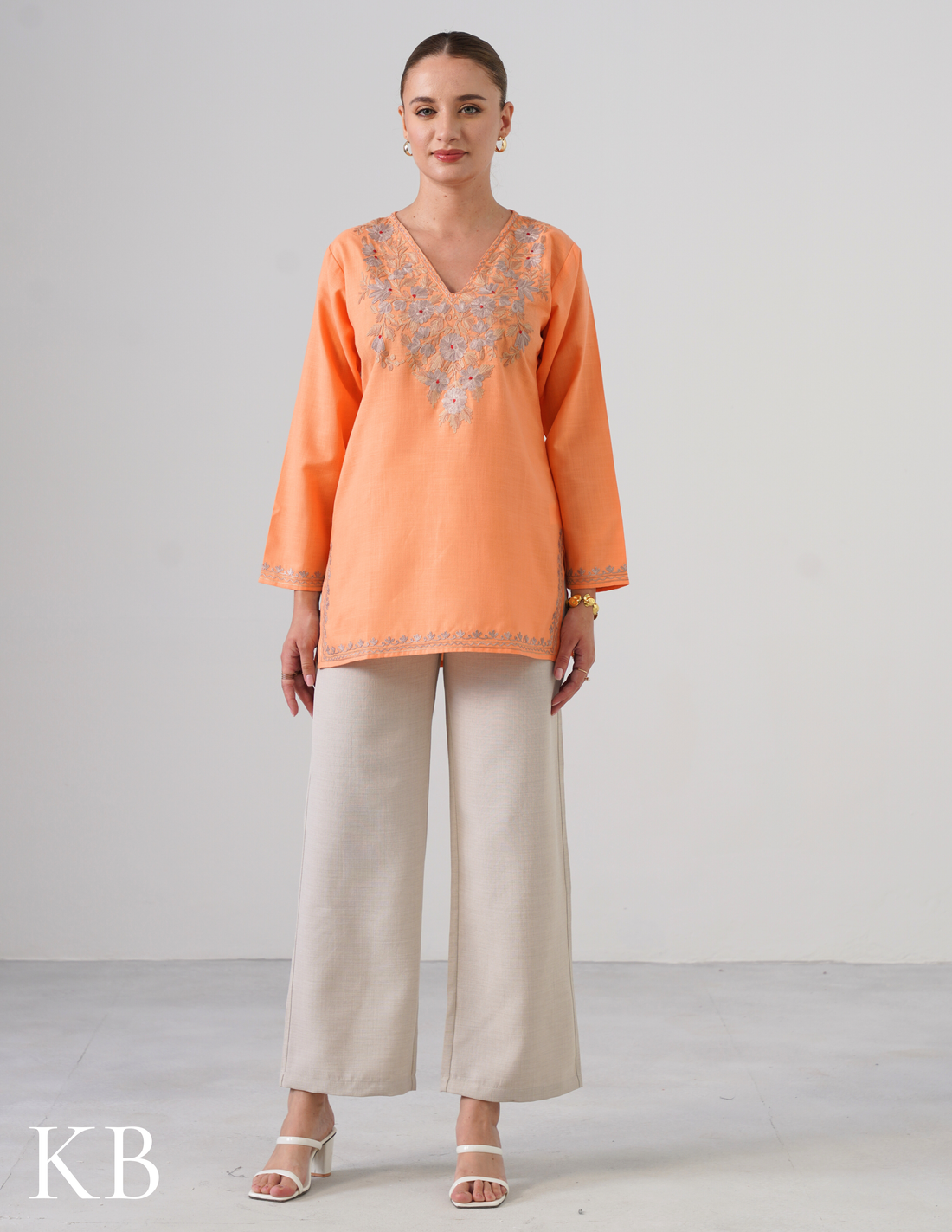 Peach Embroidered Short Kurti For Women – Cotton Aari Work by Kashmir Box, South Asian ethnic wear