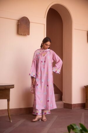 Dust Pink Cotton Aari Pheran Set With Wide Palazzo Pants by Koshur India, South Asian ethnic wear