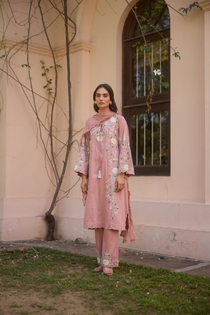 Rosewood Cotton Aari Pheran Set With Flared Pants by Koshur India, South Asian ethnic wear