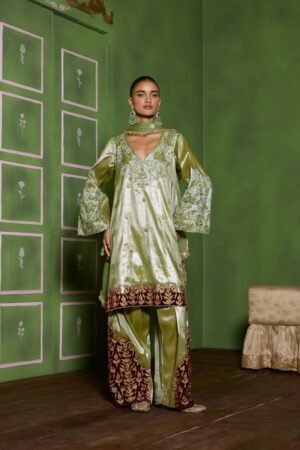Olive Tilla Embroidered Velvet Patch Short Tissue Pheran Set With Farshi Salwar & Embroidered Tissue Dupatta by Koshur India, South Asian ethnic wear