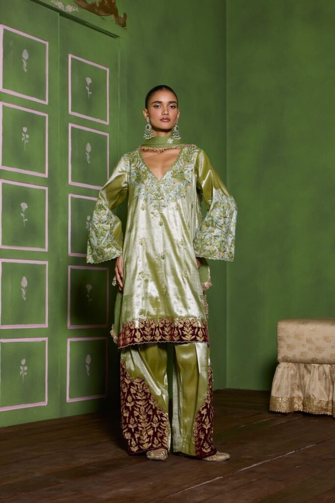 Olive Tilla Embroidered Velvet Patch Short Tissue Pheran Set With Farshi Salwar & Embroidered Tissue Dupatta by Koshur India, South Asian ethnic wear