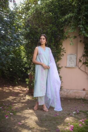 Green Mist Cotton Aari Sleeveless Kurta Set With Salwar Pants by Koshur India, South Asian ethnic wear