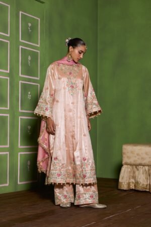 Champagne Pink Aari Tilla Embroidered Kalidaar Tissue Kurta Set With Wide Pants & Embroidered Tissue Dupatta by Koshur India, South Asian ethnic wear