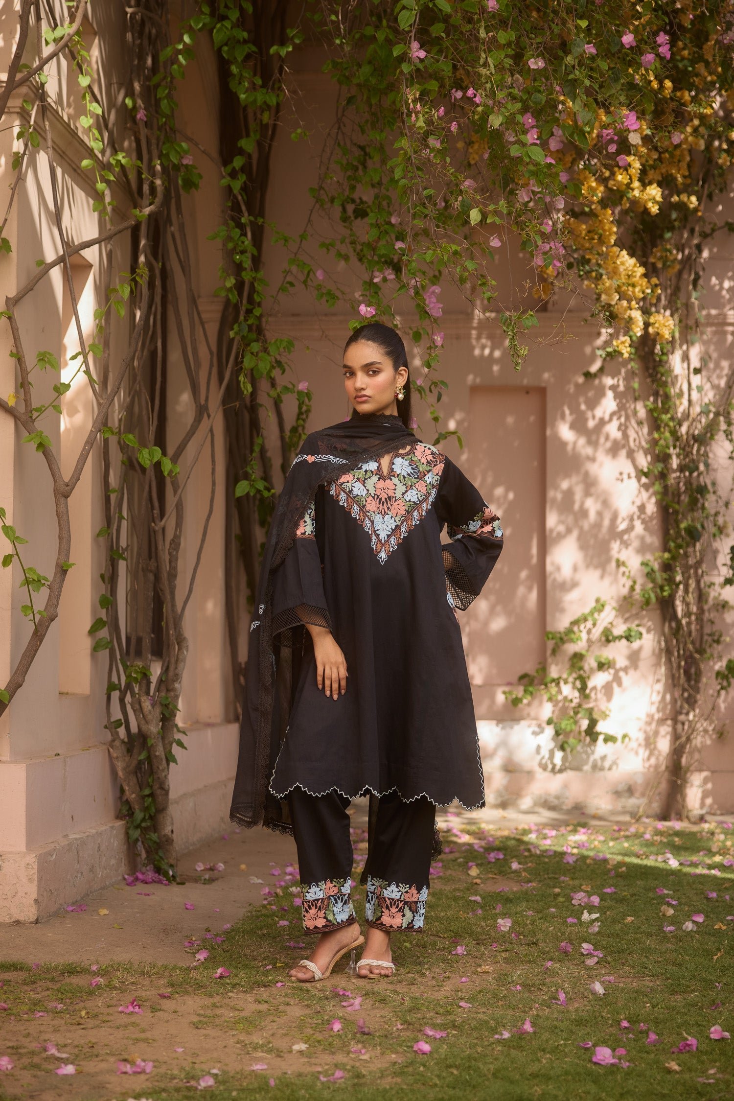 Black Amber Cotton Aari Kalidaar Pheran Set by Koshur India, South Asian ethnic wear